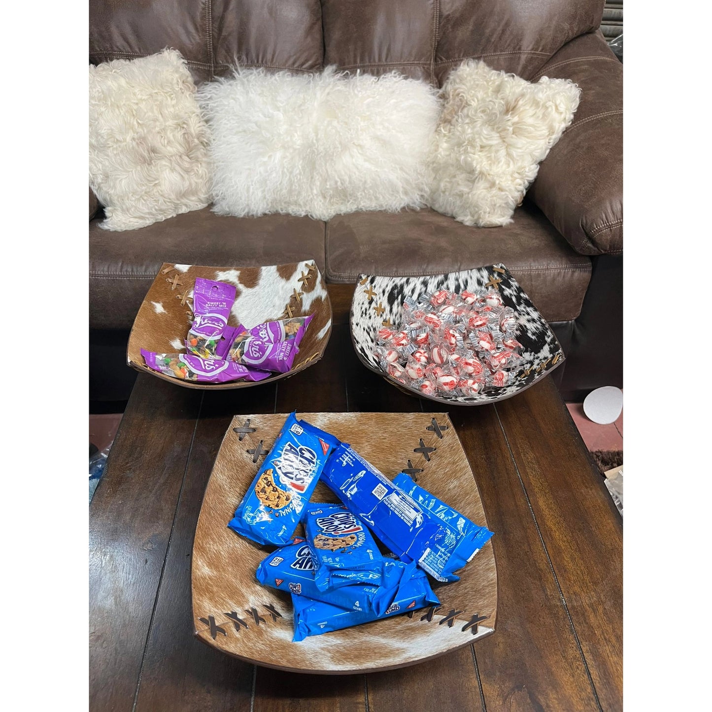 Cross Stitched Large Cowhide Bowl