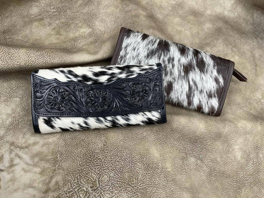 Tooled Leather & Cowhide Trifold Wallet