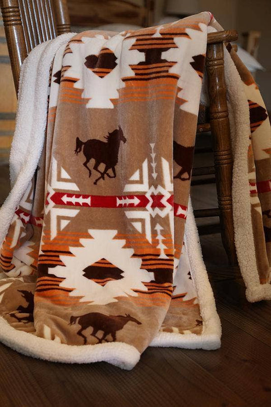 Southwest Running Horses Plush Sherpa Throw Blanket